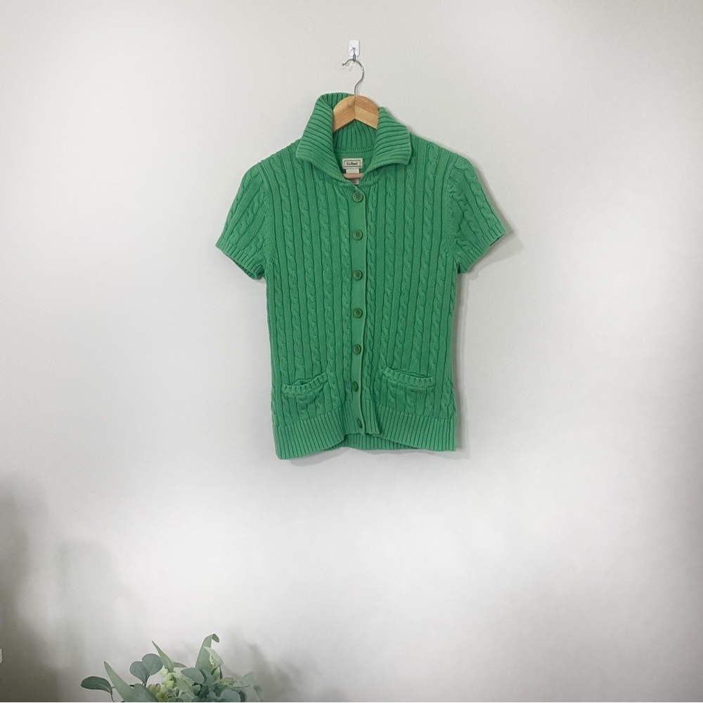 [L.L. Bean] Green Short Sleeve Button Down Cable Knit Cardigan